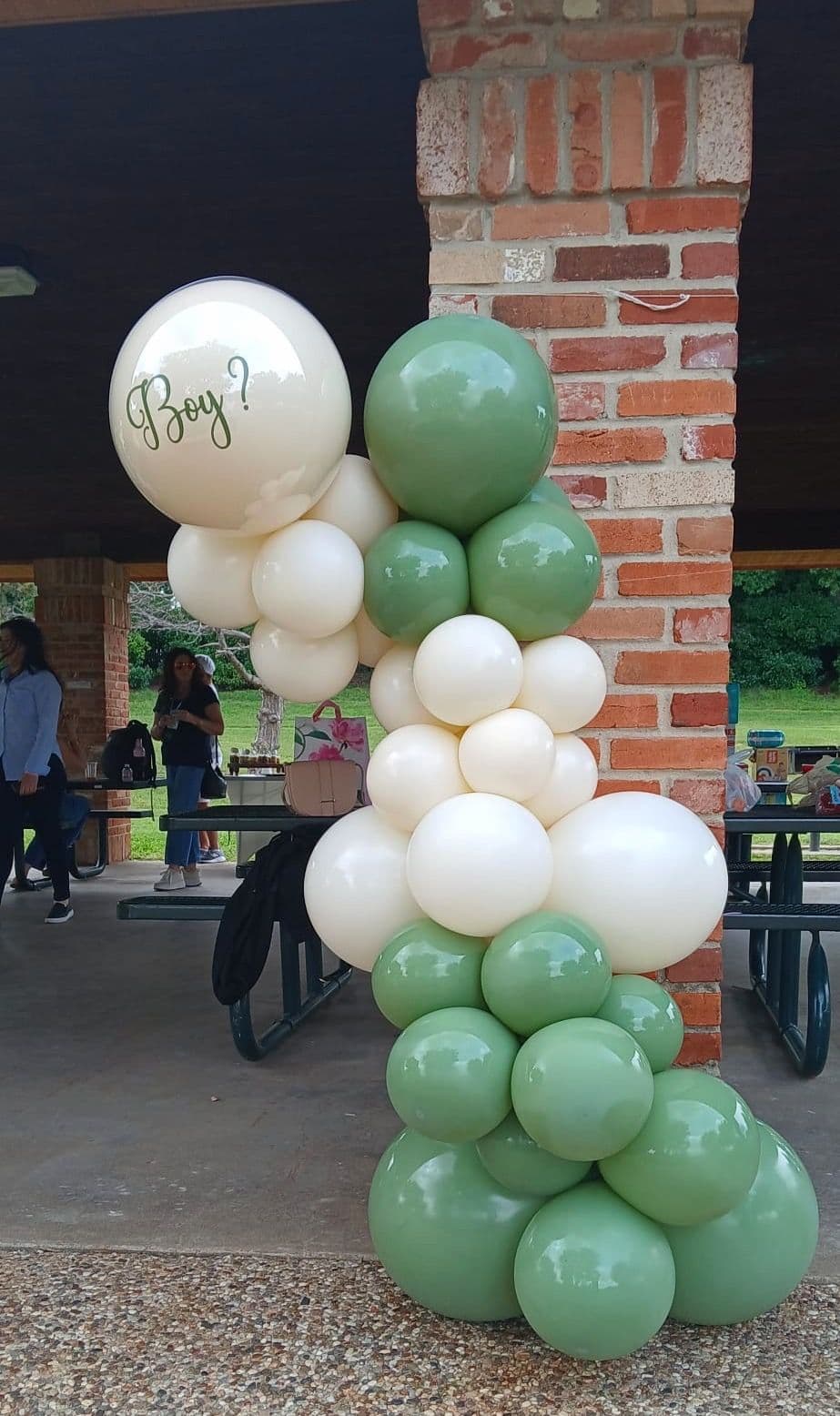 Sage green and cream balloon column topped with a Boy or Girl bubble balloon at an outdoor gender reveal